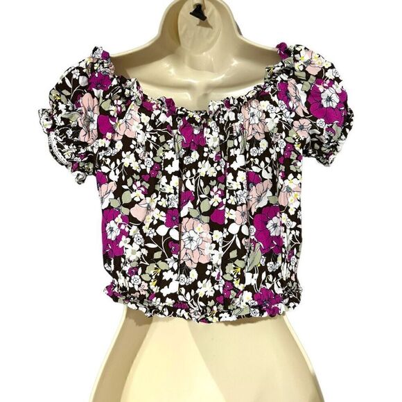 Coco + Jaimeson Women’s Brown Stone Floral Print Elastic Crop Top Blouse Size Me - Picture 4 of 13